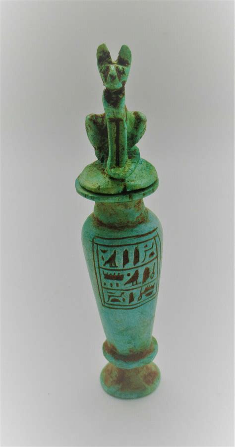 Superb Ancient Egyptian Glazed Faience Vessel Bastet With Heiroglyphics