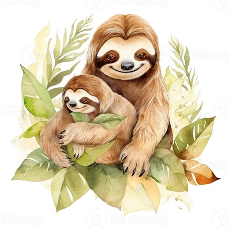 Sloth Mom And Baby Watercolor Art Png