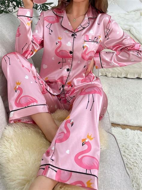 Flamingo Pattern Satin Pajamas Set In 2024 Satin Pyjama Set Pajama