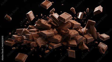 Levitating Defocused Milk Chocolate Chunks Isolated On A Transparent