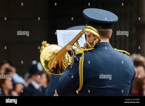 Central Band of the Royal Air Force trombone player at the Queens Diamond Jubilee celebration in ...