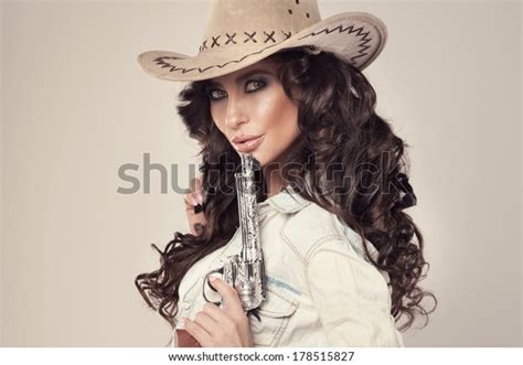 Portrait Sexy Brunette Cowgirl Revolver Looking Stock Photo Shutterstock