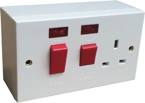 White Double Cooker Switch Socket Unit And Pattress Box 45 Amp Double Pole Neon Uk