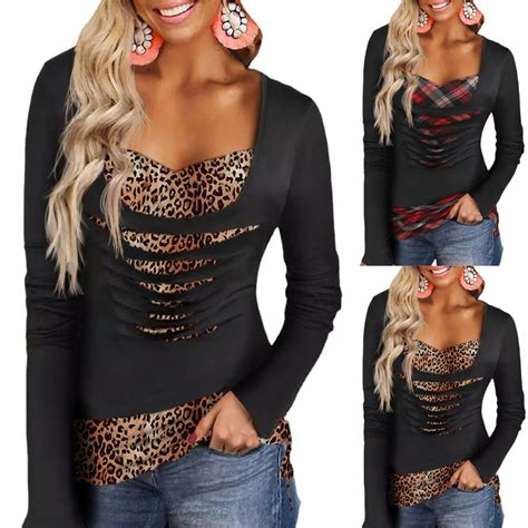 Elegant Blouse Autumn Winter Womens Casual V Neck Leopard Print Long