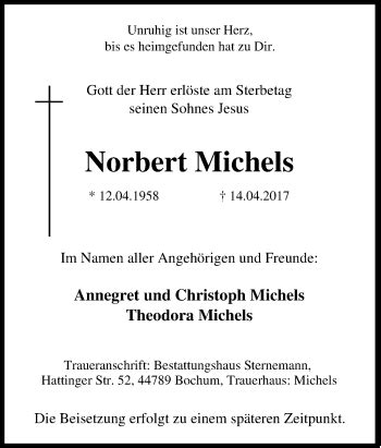 Traueranzeigen Von Norbert Michels Trauer In Nrw De