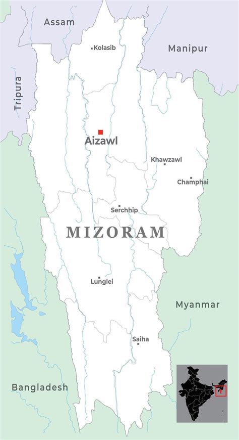 mizoram district map  capital aizawl marked  important cities