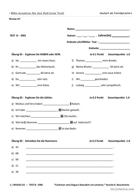 A1 Test 1 Form B allgemeine Deutsch DAF Arbeitsblätter pdf doc