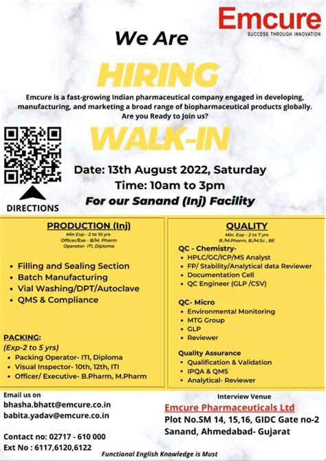 Emcure Pharmaceuticals Ltd Walk In Interview For Quality Assurance Qc