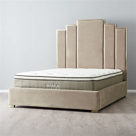 Jacques Beige Velvet Queen Bed - Brushed Champagne Gold Frame