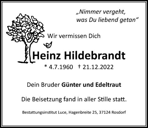 Traueranzeigen Von Heinz Hildebrandt Trauer Anzeigen De