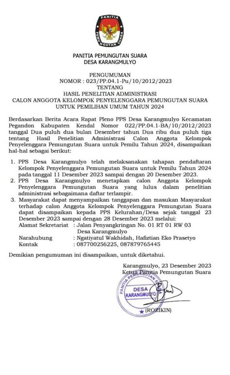 Pengumuman Hasil Penelitian Administrasi Calon Kpps Desa Karangmulyo