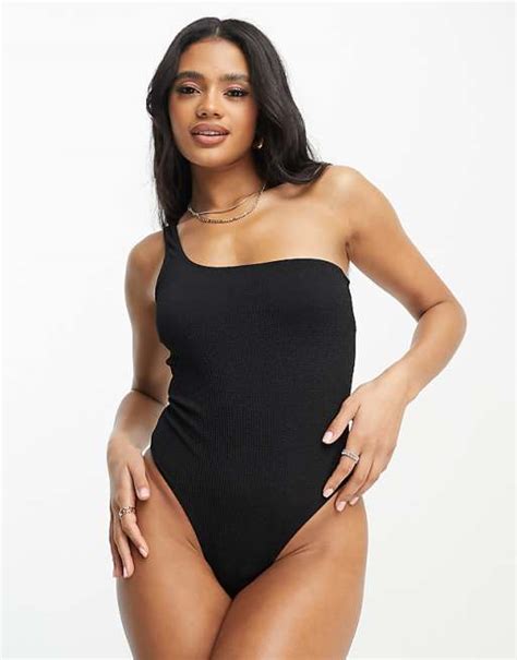 Asos Design Crinkle One Shoulder Swimsuit In Black Asos