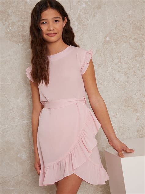 Girls Cap Sleeve Wrap Midi Dress In Pink Chi Chi London