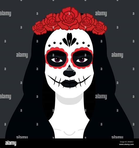 Woman With A Makeup Of Sugar Skull And Red Floral Wreath Day Of The