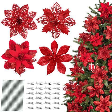 24PCS Large Glitter Poinsettia Flowers Red Xmas Tree Decor With Clips