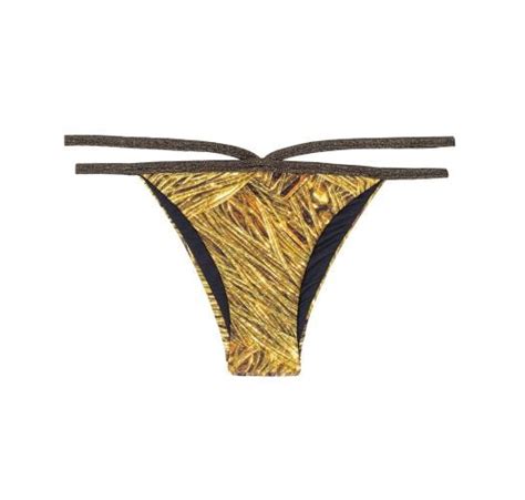 Gold Printed Thong Bikini Bottoms With Double Lurex Straps Calcinha