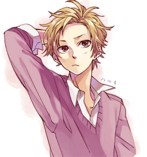 An Anime Character With Blonde Hair Wearing A Purple Shirt And White Collared Shirt Holding His