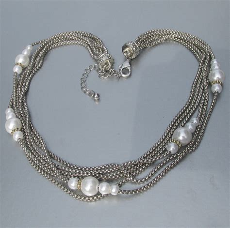 6 Strand Faux Pearl Silver Tone Vintage Chain Necklace Etsy