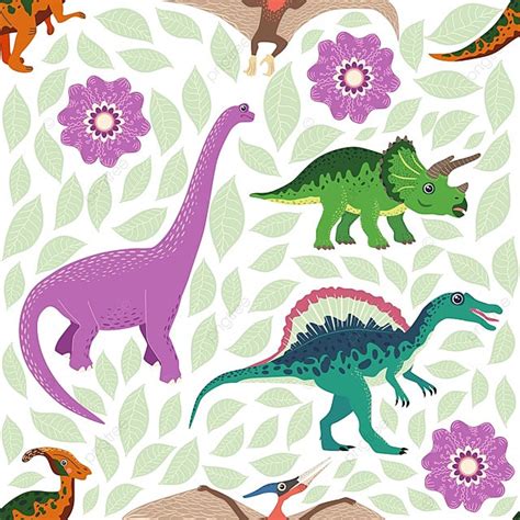 Hand Drawn Seamless Pattern With Dinosaurs And Tropical Leaves And