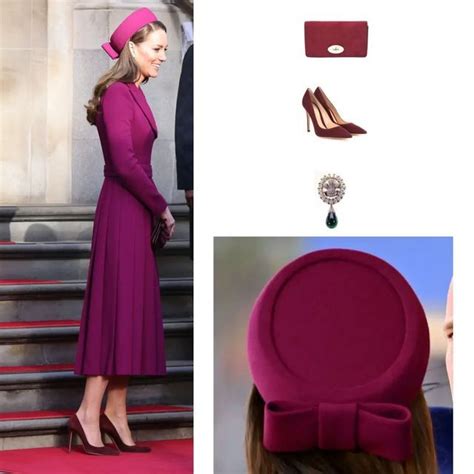 a woman in a purple dress and matching shoes is wearing a pink hat with ...