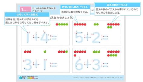 小学一年生の算数プリント【足し算のなぞり書き（イラストあり答えなし）】｜学習プリント.com | 算数, 学習, 一年生