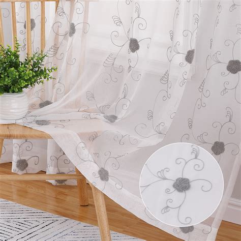 Haperlare Semi Sheer Curtains Inch Length Floral Embroidered Voile