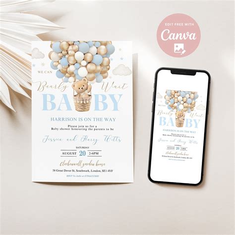 Editable We Can Bearly Wait Baby Shower Invite Hot Air Balloon Teddy Bear Theme Boho Bear