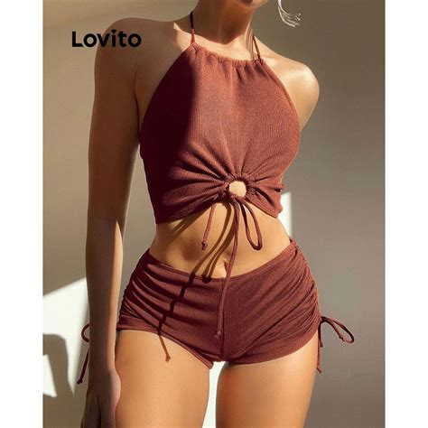 Lovito Women Glamorous Striped Lace Up Fabric Stitching Bikini Sets LNE48391 Shopee Philippines