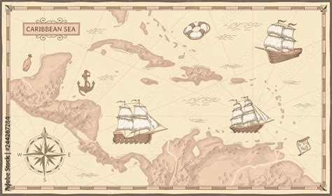 Old Caribbean Sea Map Ancient Pirate Routes Fantasy Sea Pirates Ships