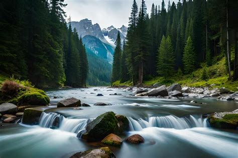 Premium AI Image | a waterfall in the forest with mountains in the background