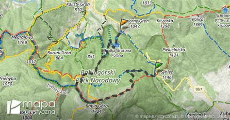 Trasa Przełęcz Krowiarki Zawoja Policzne granica Parku mapa