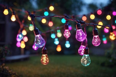 Premium Photo | Outdoor party string lights hanging in backyard on green bokeh background with ...