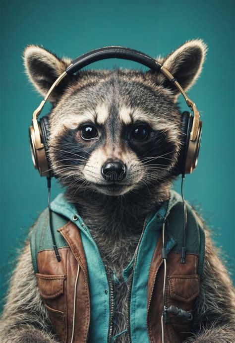 Humorous Portrait Of A Raccoon Wearing Headphones And A Leather Jacket