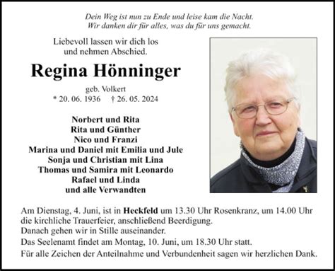 Traueranzeigen Von Regina H Nninger Trauerportal Ihrer Tageszeitung