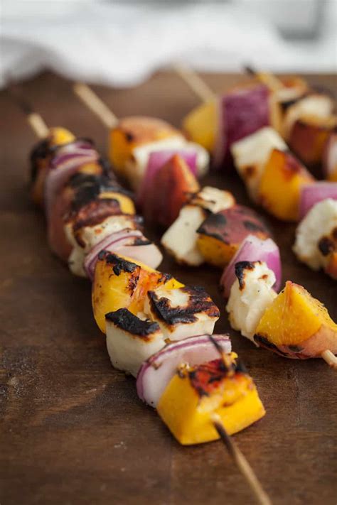 Grilled Peach And Halloumi Skewers With Basil Jalapeno Sauce