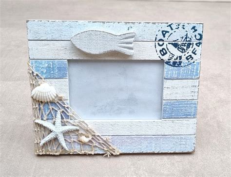 Coastal Wooden Photo Frame, Shells, Wooden Fish, Driftwood, Blue
