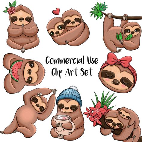 Cute Sloth Clip Art Set For Commercial Use Color Line Art Png