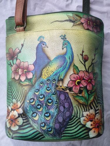 Anuschka Handbag Peacock Handpainted Leather Purse Crossbody Organizer