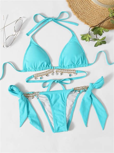 Bañador bikini con cordón lateral triángulo con cadena Moda de Mujer