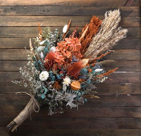 Fall Dried Flower Thistle Wedding Bouquet Burnt Orange Rust Sage