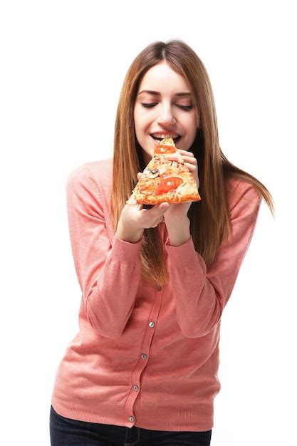 Premium Photo Happy Young Woman Eating Slice Of Hot Pizza Isolated On