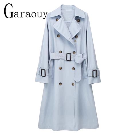 Garaouy 2023 Spring Autumn Women Blue Lapel Double Breasted Belt Trench