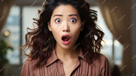 Premium Photo Close Up Portrait Shocked Korean Woman Shuts Background