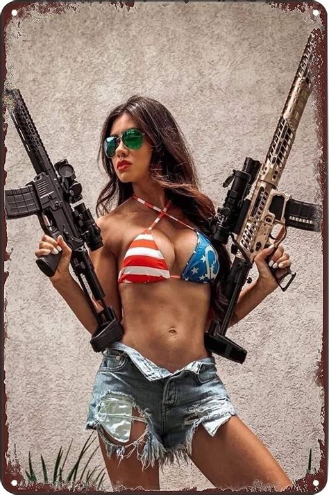 Amazon Sexy Hot Woman Gun Metal Poster Pinup Girl Bikini Short Jeans Vintage Tin Sign Wall