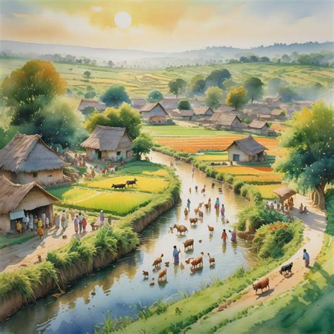 Watercolor of a bustling village scene with villagers spread... by EIT ...