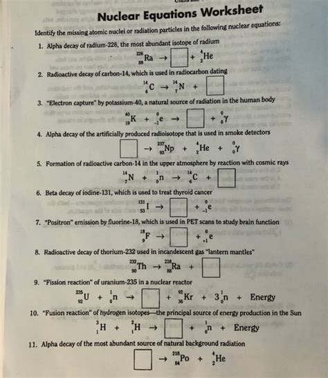 Solved Nuclear Equations Worksheet Identify The Missing Chegg