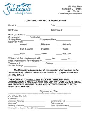 Fillable Online santaquin construction in city right-of-way permit ...