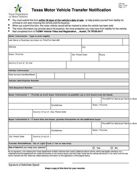 Vehicle Registration Transfer Form Texas Transferform Net