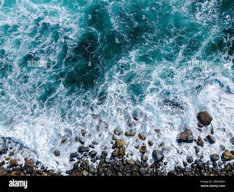 Aerial View To Ocean Waves Blue Water Background Top View Of Foaming