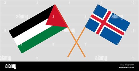 Crossed Flags Of Palestine And Iceland Official Colors Correct Proportion Vector Illustration